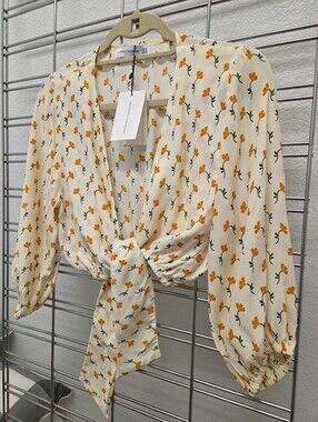 Faithfull the Brand Cream Tie-Front Blouse with Orange Floral Print